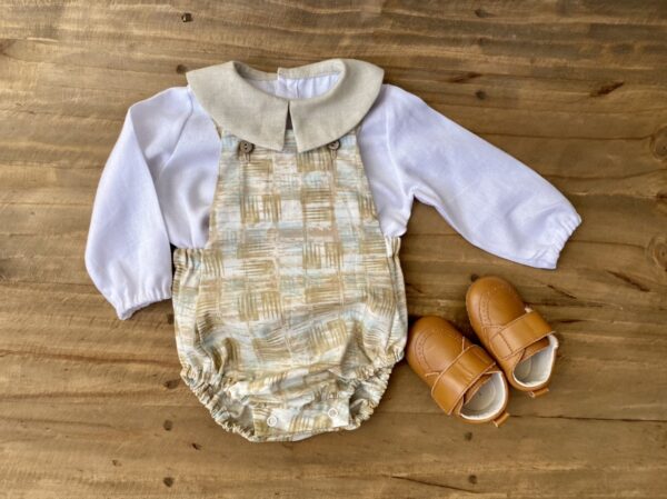 Camisa bebe, lino Blanca y cuello arena, manga larga - Imagen 2